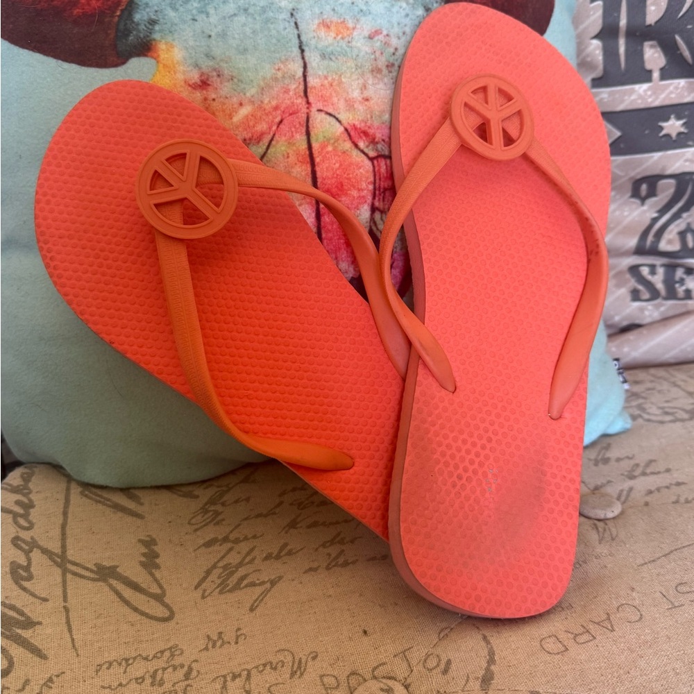 Orange Flip Flops with Peace Sign size 10 women’s